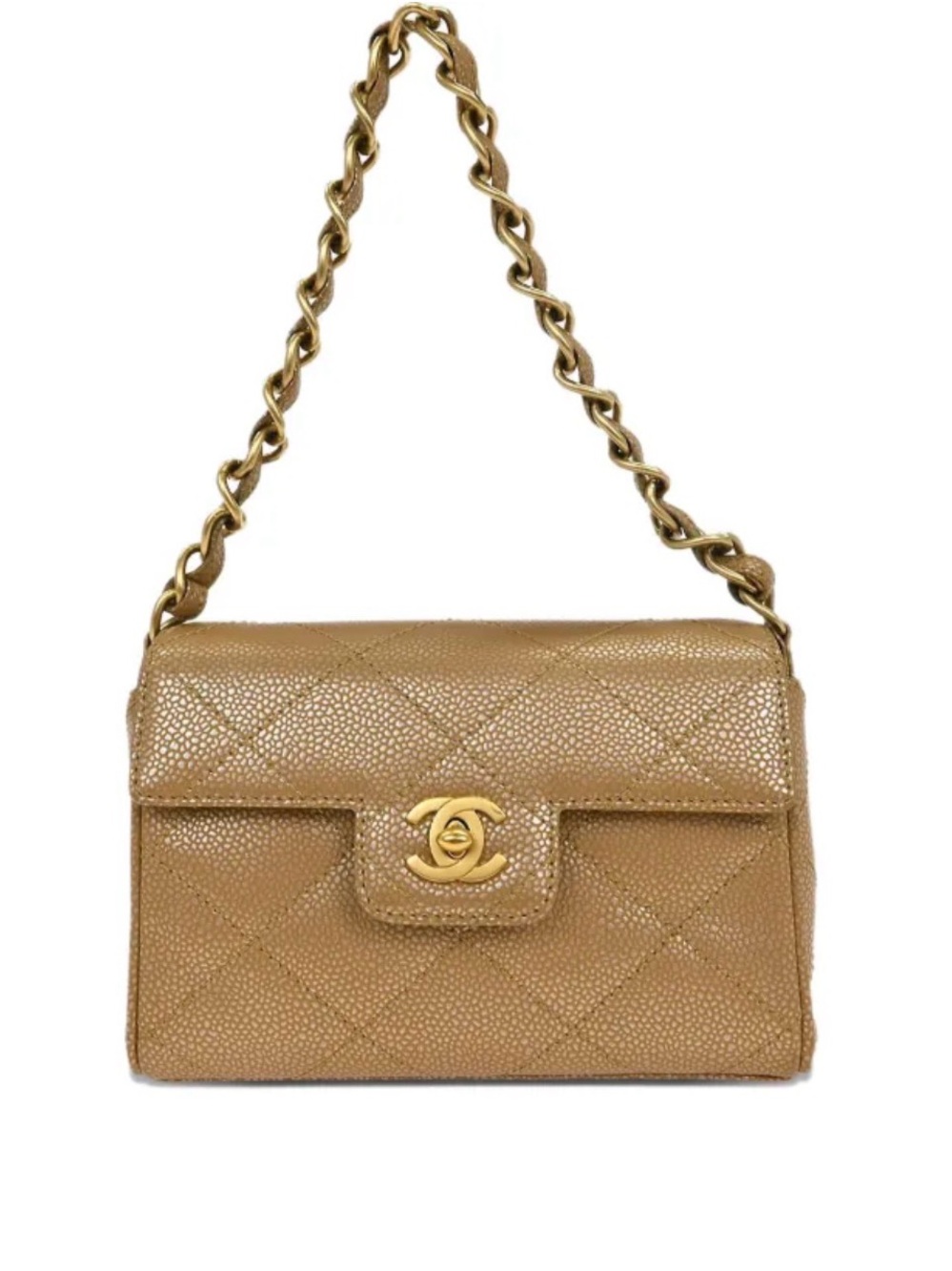 CHANEL Quilted Caviar Shoulder Bag in Tan with Gold Hardware